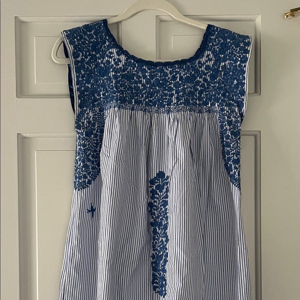Mi Golondrina Mexico Blue striped embroidered midi dress s
